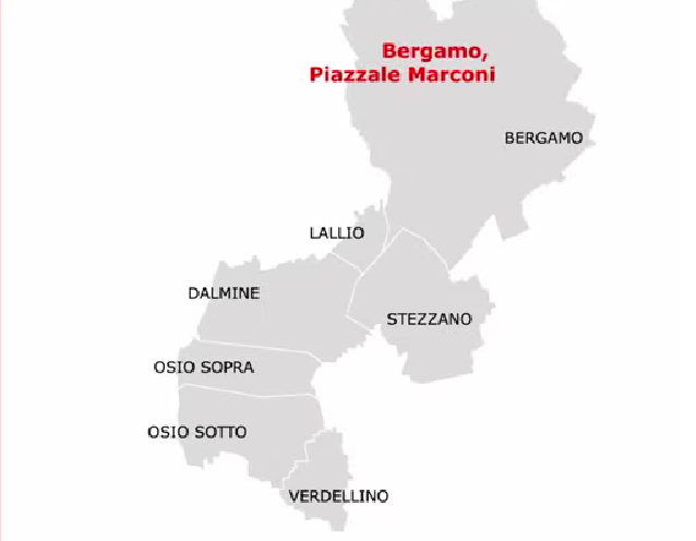 La mappa di collegamento con gli ebus a Bergamo e hinterland