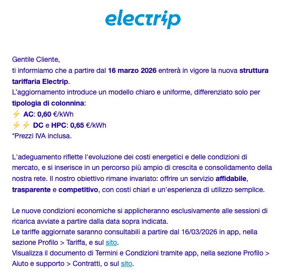 Rincari tariffe di ricarica