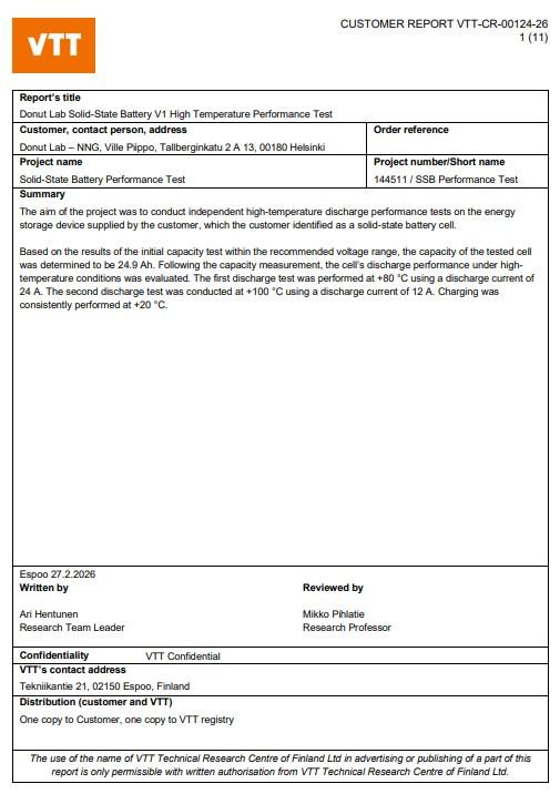 Il documento ufficiale rilasciato da VTT con i risultati finali del test donut lab batteria