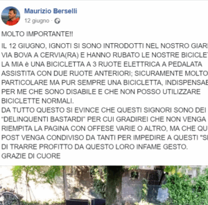 La denuncia su Facebook di Maurizio Berselli